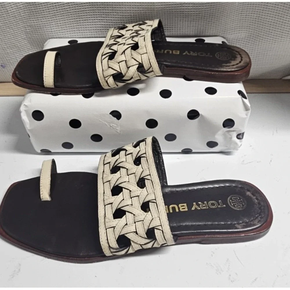Tory Burch basket‎ weave slide sandals cream leather upper US 7M